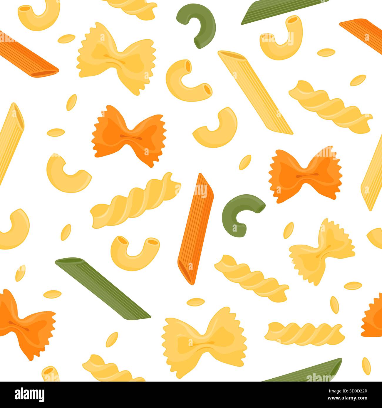Nahtloses Nudelmuster. Verschiedene Nudelsorten. Hintergrund mit verschiedenen Nudeln. Farfalle, Penne, Spaghetti, Makkaroni, Orzo und Fusilli. Stock Vektor