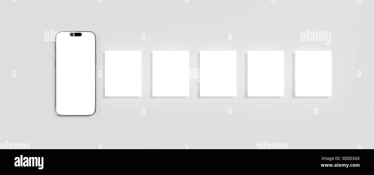 Social Media Post Mockup. Draufsicht eines Mobiltelefons mit App-Seitendesign für Benutzer-Karussell nach dem Feed mit sieben Folien. Stockfoto