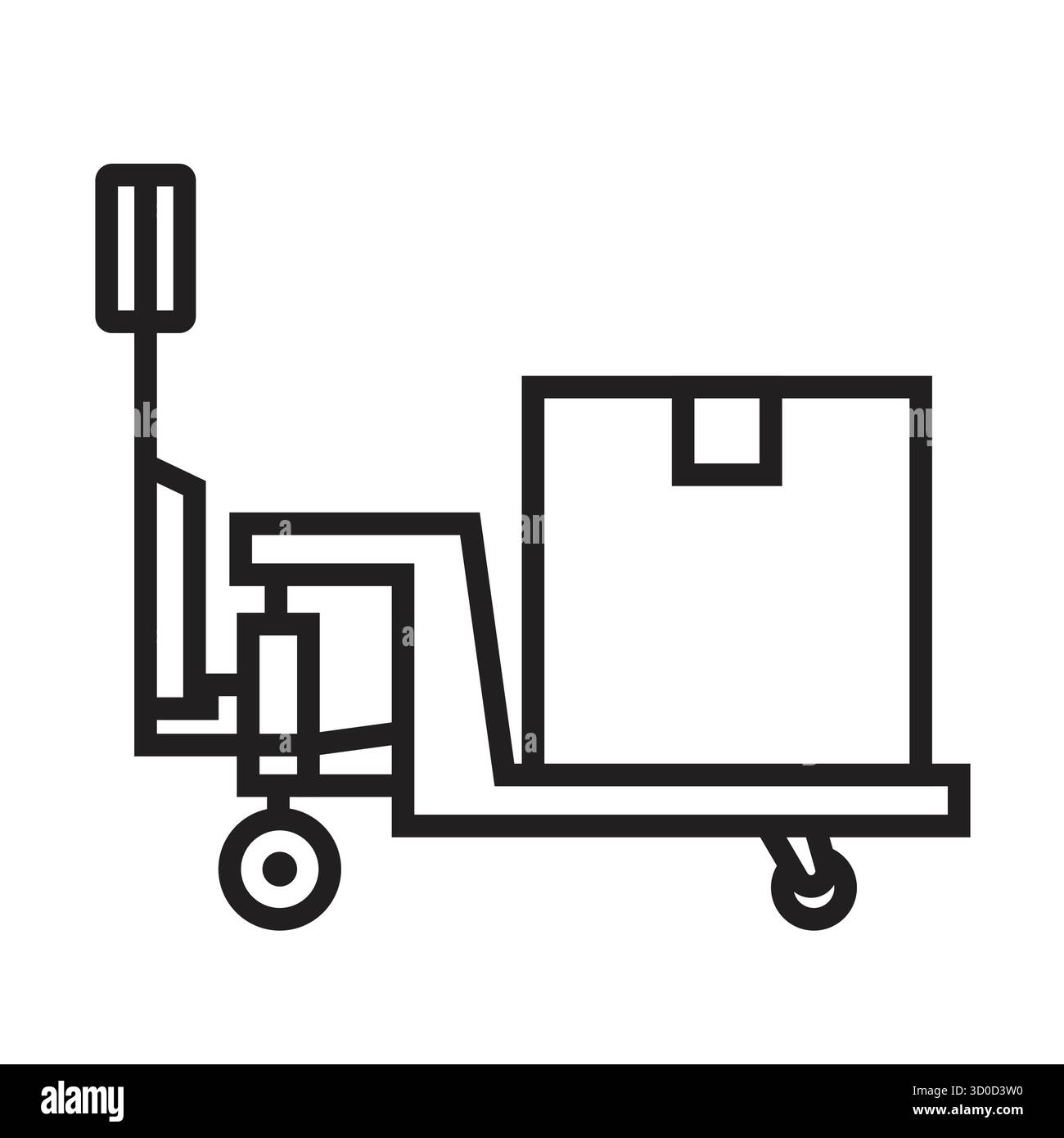 Minimalistisches schwarzes Umrissvektorsymbol eines manuellen Palettenhubwagens mit einem Karton auf Gabeln. Weißer Hintergrund. Logistik, Lager und Lieferung. Stock Vektor