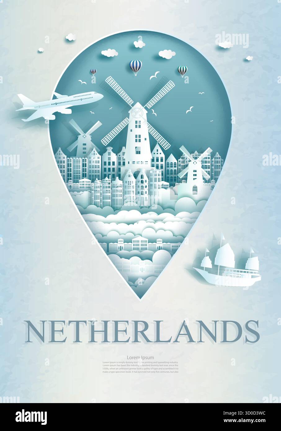Reise Niederlande Architektur Denkmal Pin in Europa mit alten Stadt und Gebäude, Business Reise Poster und Postkarte. Tour zu den Wahrzeichen europas A Stock Vektor