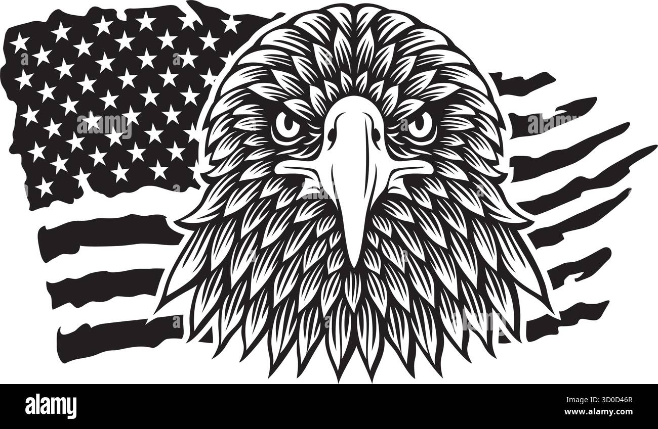 Eagle und USA Grunge Flag. Schwarzweiß. Vektorabbildung. Stock Vektor
