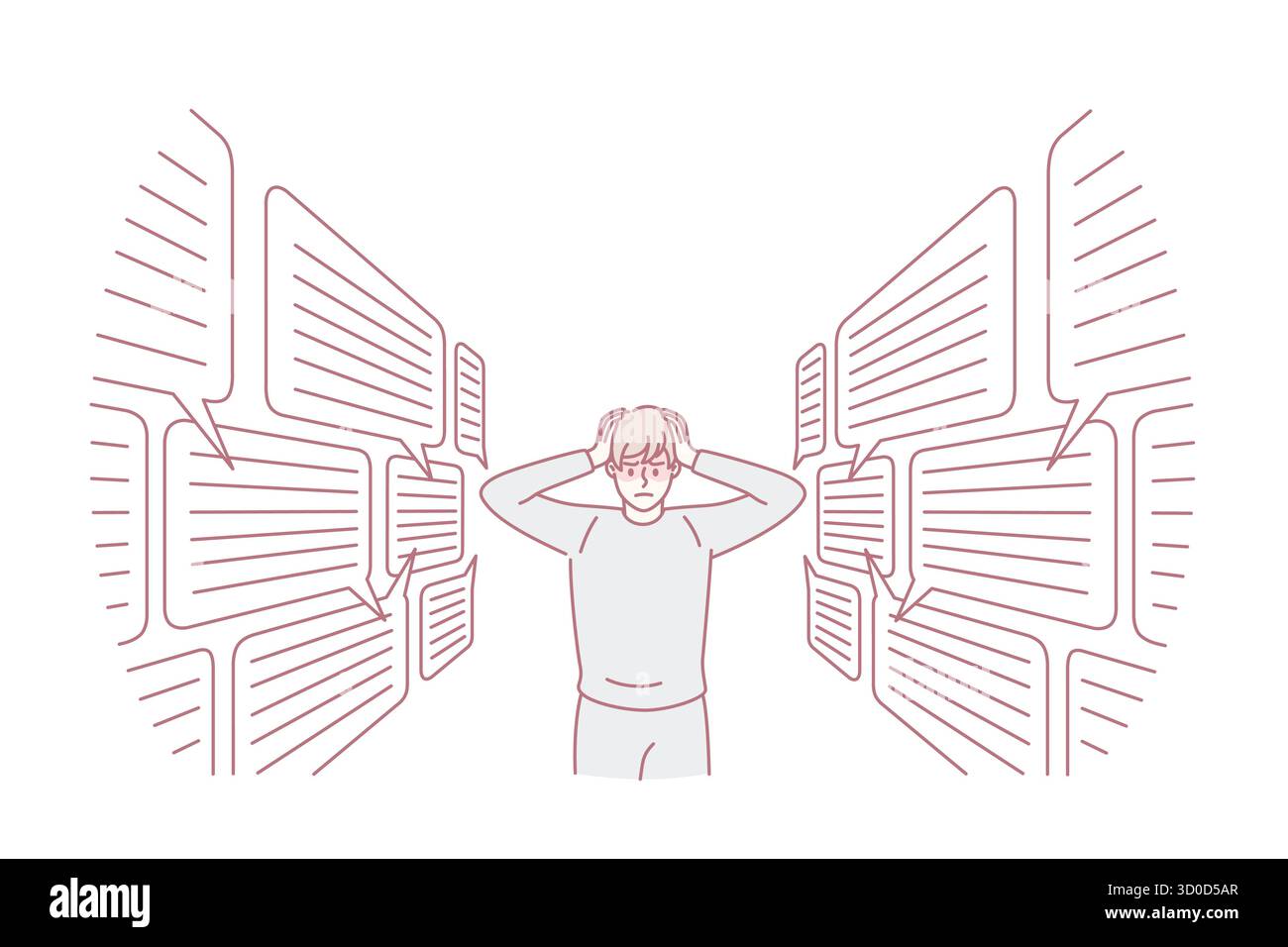Zu viel Informations- und Kommunikationskonzept. Junge gestresste Mann Cartoon-Figur stehend berühren Kopf mit vielen Sprechblasen auf beiden Seiten Vektor-Illustration Stock Vektor