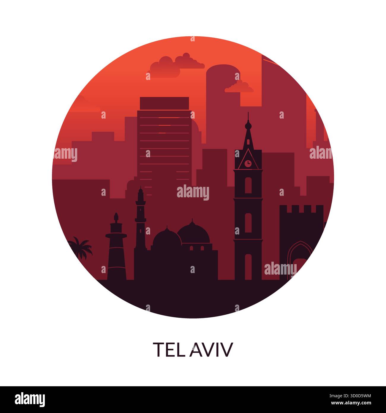 Die Skyline von Tel Aviv glänzt bei Sonnenuntergang und verbindet moderne und historische Elemente der Stadt Stock Vektor