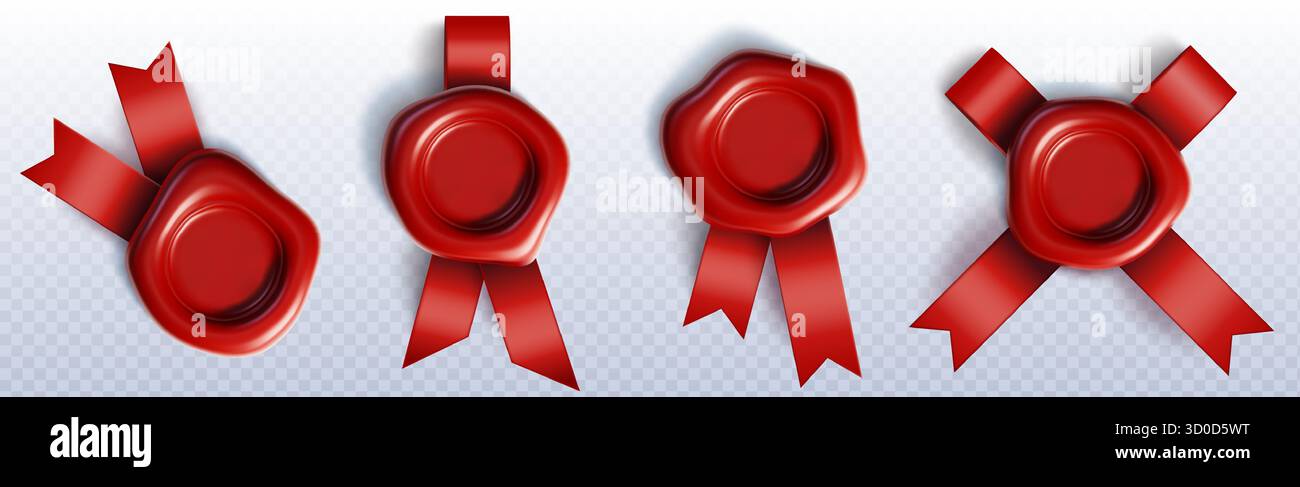 Rotes Wachssiegelset mit Banddekorationen für Zertifikate und Diplome - Hochglanz-geprägte Abzeichen mit Satin-Streamer. Hochwertige Authentifizierungselemente für Auszeichnungen, Briefe oder offizielle Dokumente. Stock Vektor