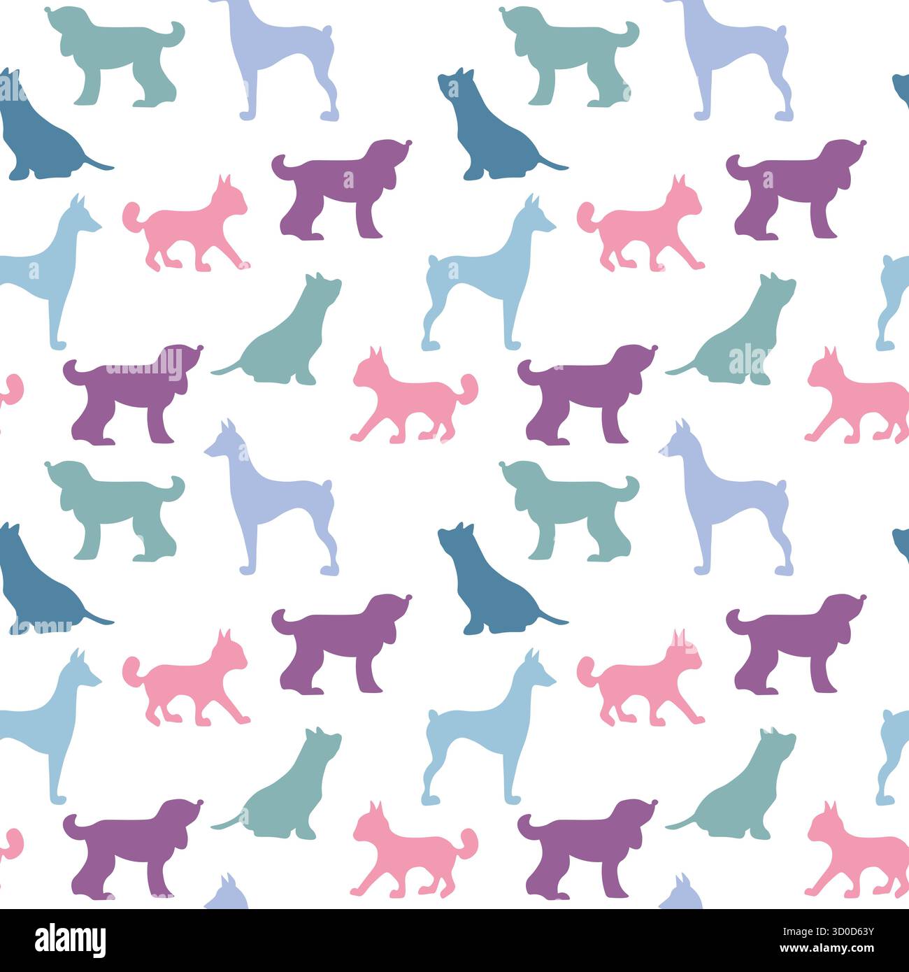 Vektor nahtlos wiederkehrendes kindliches Muster mit niedlichen Hunden, Katzen im skandinavischen Stil. Tiere Hintergrund mit Hund, Katze, Haustiere, Welpen für Einladung Stock Vektor