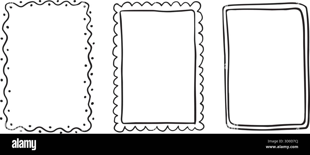 Set handgezeichneter Rahmen, Coquette-Stil. Isolierte, niedliche Grenzen für Hochzeitseinladungen, Menüs und Grußkarten. A4 skurrile Rahmen, schwarz Stock Vektor