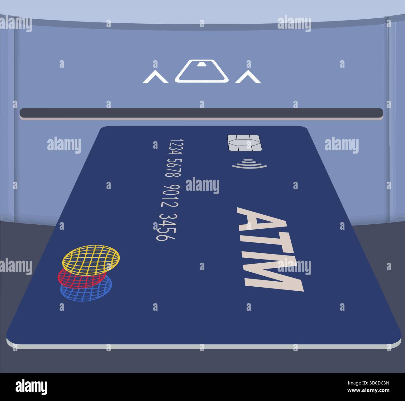 Eine Geldautomat-Debitkarte wird in Kürze in einen Chipleser eingesetzt. Hierbei handelt es sich um eine generische Bankkreditkarte oder Bankkarte, deren Geldautomat groß auf der Karte gedruckt ist. Thi Stock Vektor
