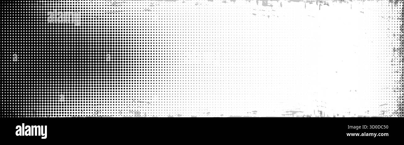Einfarbiger Halbton-Grunge bg mit gepunktetem Farbverlauf und schmutzigen Kanten für Posterdesign – schwarze Punkte mit Vintage-Textur-Überlagerung. Retro-grafischer Hintergrund für Banner für gedruckte oder digitale Medien. Stock Vektor Einfarbiger Halbton-Grunge bg mit gepunktetem Farbverlauf und schmutzigen Kanten für Posterdesign – schwarze Punkte mit Vintage-Textur-Überlagerung. Retro-grafischer Hintergrund für Banner für gedruckte oder digitale Medien. Stock Vektor