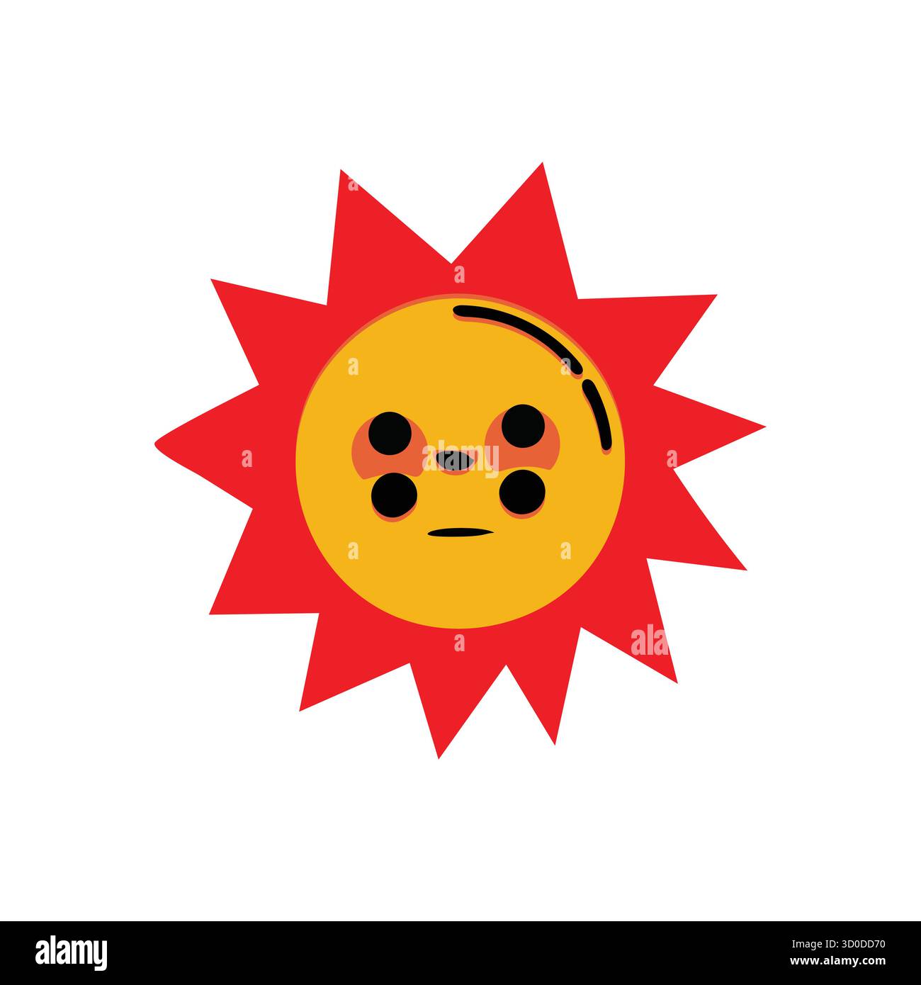 Symbol der müden Sonne: Cartoon besorgte Sonne Gesicht mit roten Stachelstrahlen Stock Vektor