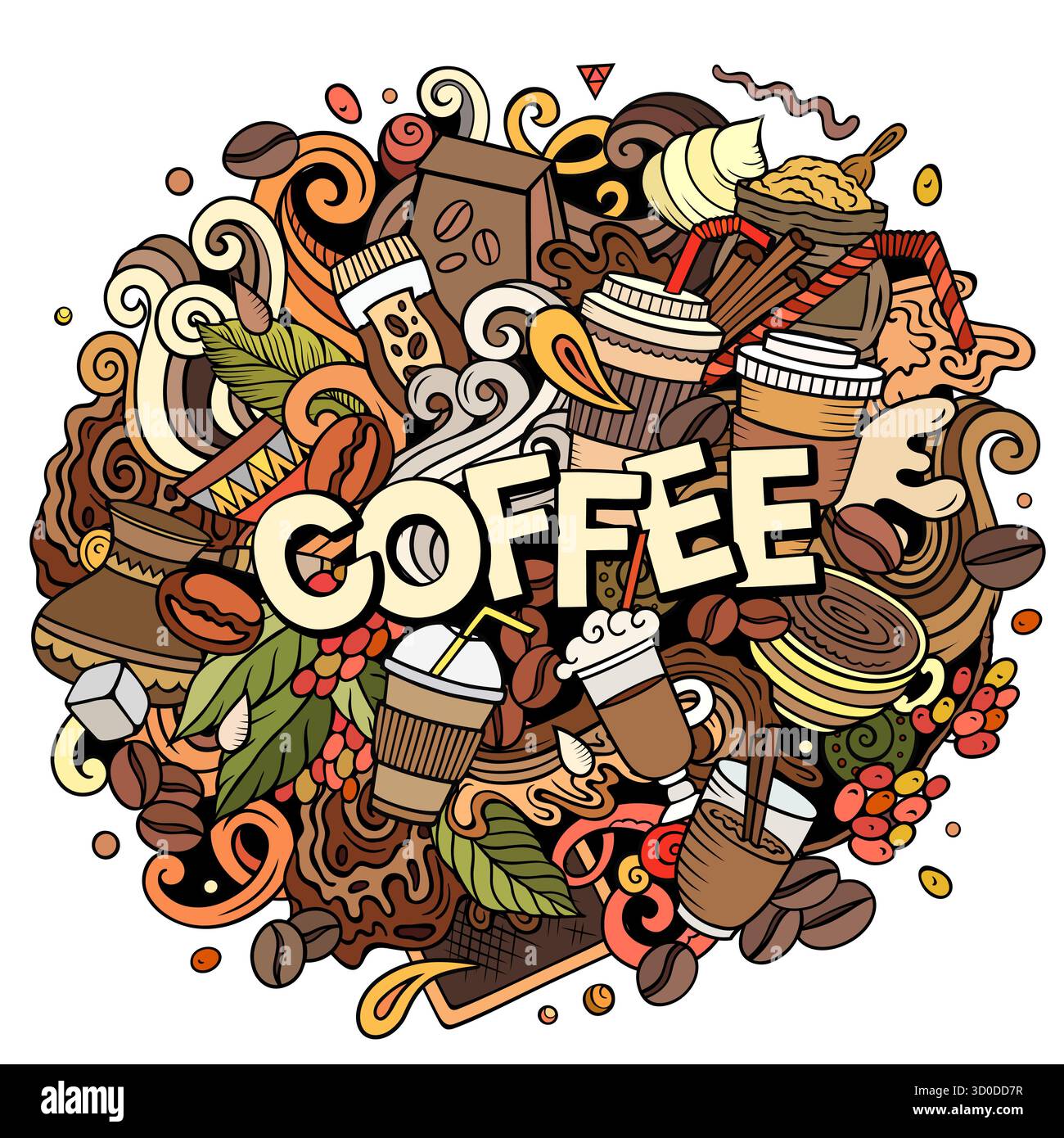 Kaffee-Doodle-Zeichentrickfilm lustige Illustration Stock Vektor
