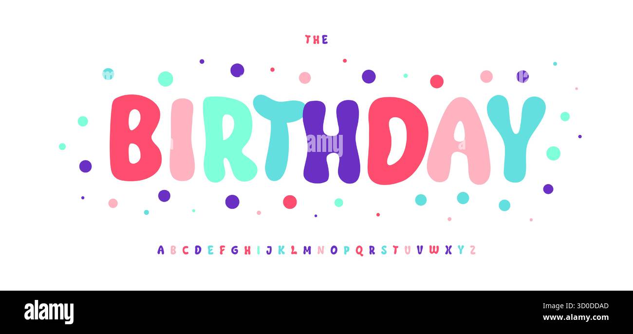 Glatte, sprudelnde Schriftart, farbenfrohe Zeichentrickbuchstaben, verspielte Ballonbuchstaben, fröhliche festliche Konfetti-Schriftart für helles Calma-Logo, tropische Pastellfarben Stock Vektor