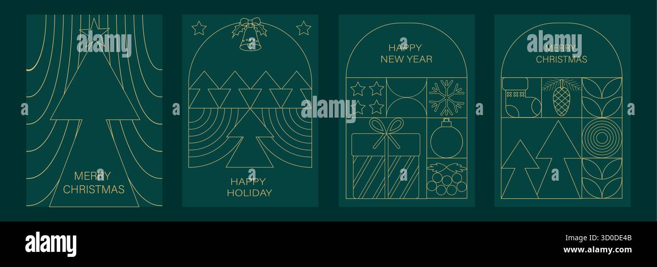Vektor Moderne geometrische abstrakte Illustration des Weihnachtsmanns, weihnachtsbaum, tannenspielzeug und Kugeln, Schneemann Stock Vektor