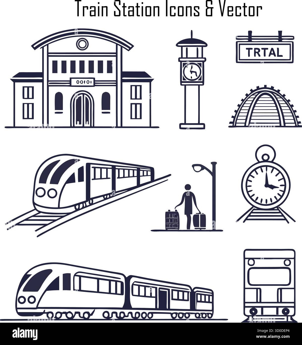 Bahnhofssymbole – Vektorsammlung für Bahn, Bahnsteig, Zug, Verkehr und Reisen Stock Vektor