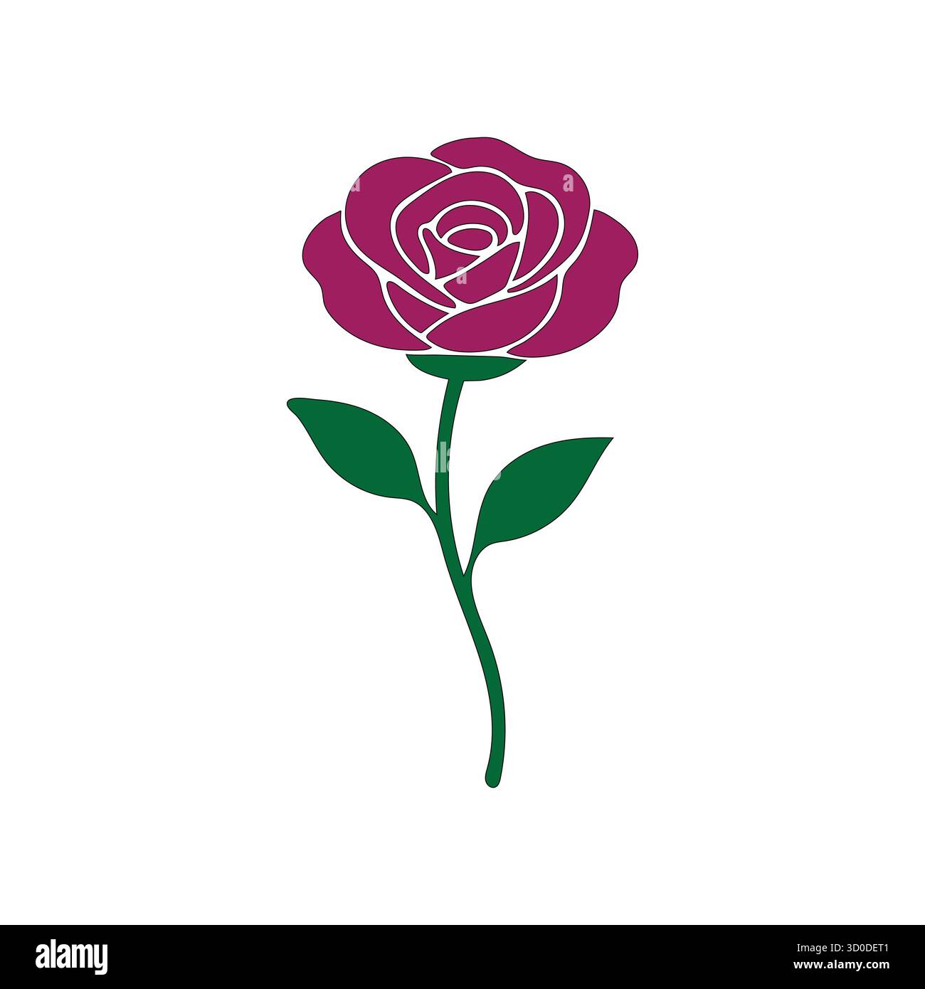 Elegante einzelne violette Rose Illustration am Stiel mit Blättern - einfaches Blumendesign Stock Vektor