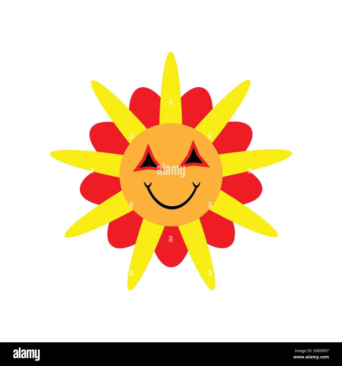 Unverschmitztes Sonnensymbol: Die lächelnde Karikatursonne mit zweifarbigen Strahlen Stock Vektor