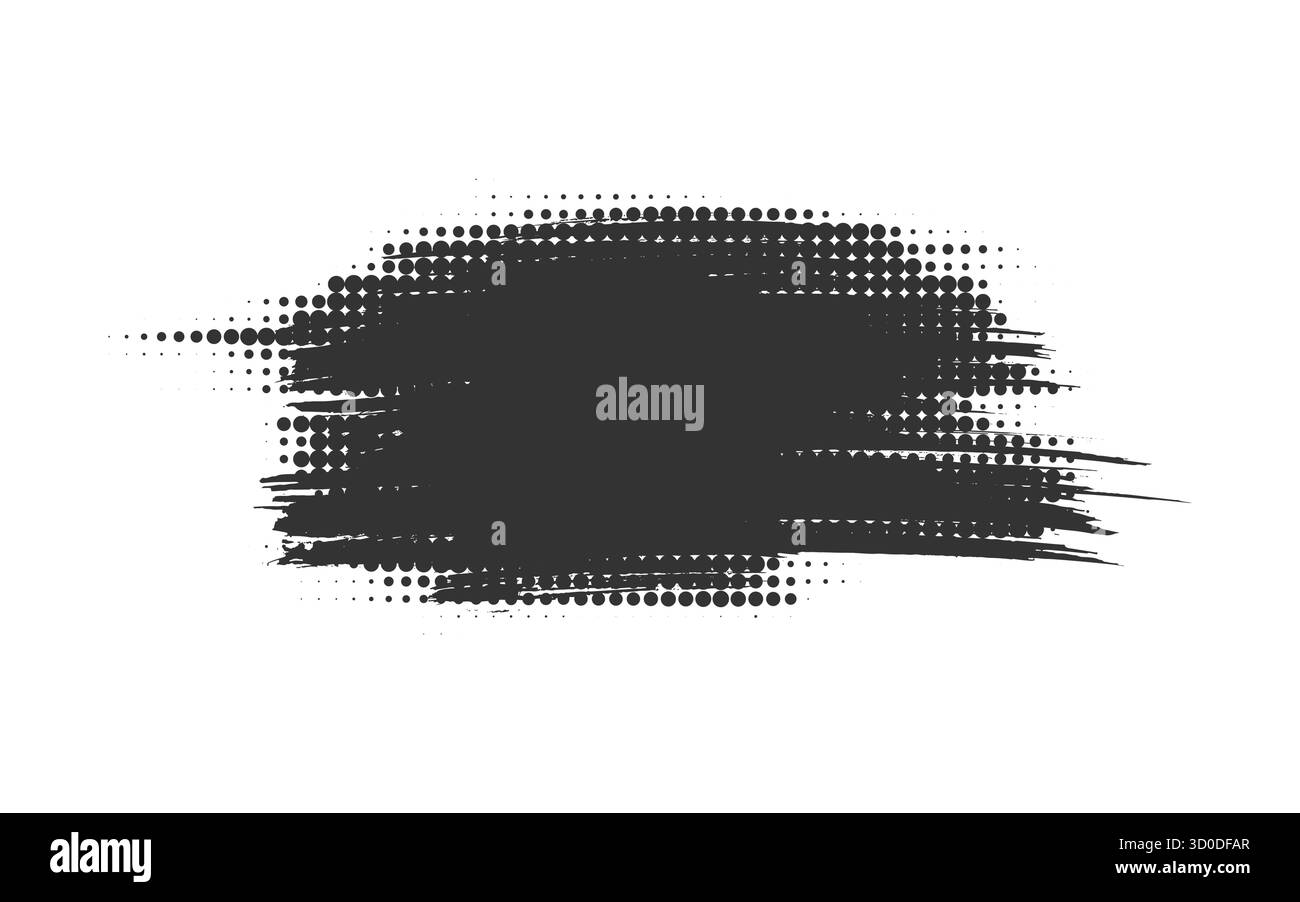 Strukturierter schwarzer Pinselstrich mit unregelmäßiger Kantenform. Unordentliches, ausdrucksstarkes Muster, scharfe Kanten, schmutzige Rasterverwischen. Auffälliger Blotch mit unebener einfarbiger Oberfläche und chaotischen zackigen Details Stock Vektor