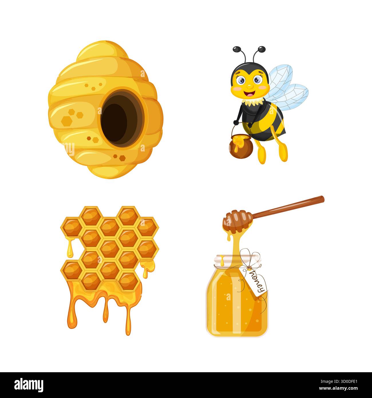Ein Set mit Honig, Honigwabenstücken, einem Bienenstock, einer fliegenden Biene, einem Glas mit Honig, der auf einem Stock tropft, Pfützen und Tropfen Honig Stock Vektor