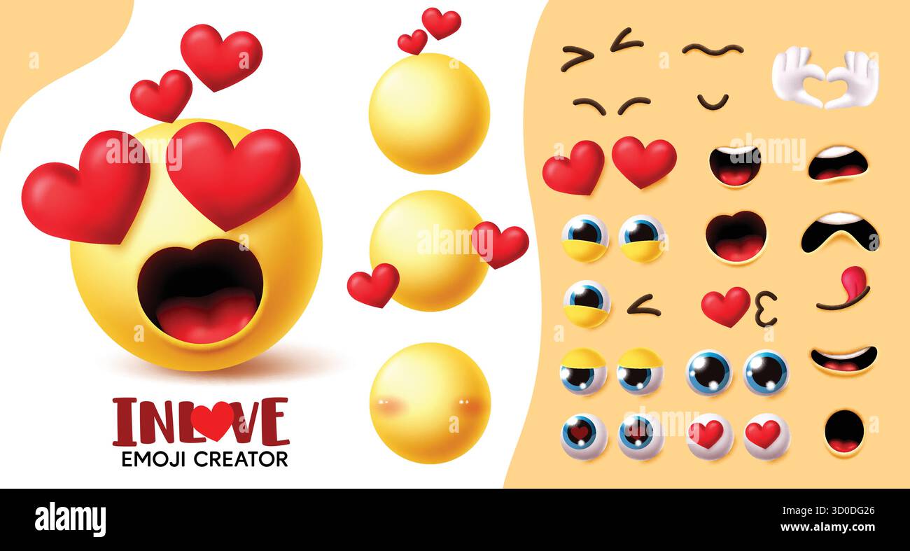 Emoji in Love Smiley Creator Kit Clipart Set. Bearbeitbar in Love Creation Kit Clip Art mit Augen, Mund und Hand Herz Emoticon Sammlung in Nubes Stock Vektor
