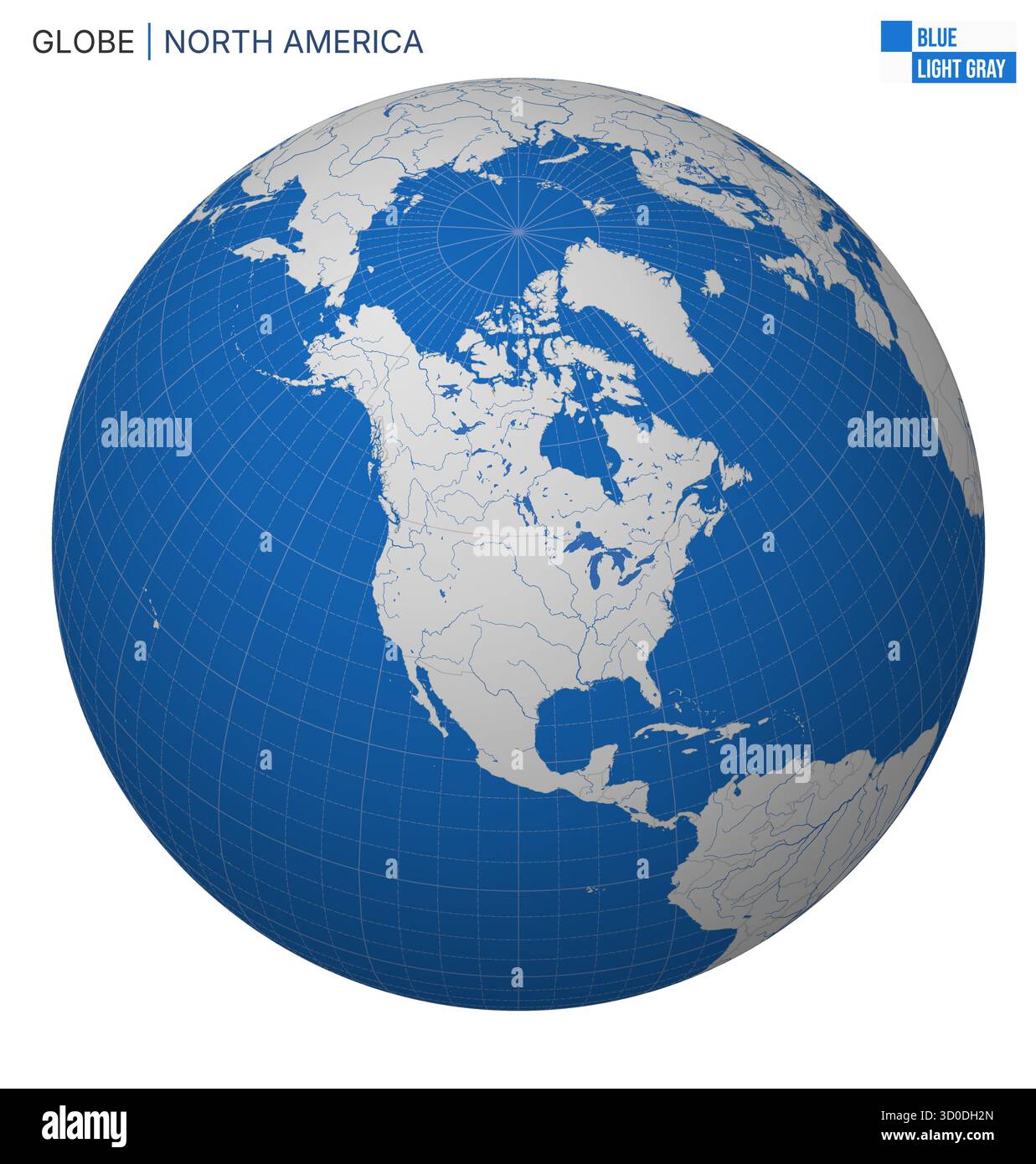 Vektor Globe zentriert auf Nordamerika. Palette Blau Hellgrau. Weltkarte mit Meridianen, Parallelen, Ländern, Flüssen und Seen. Stock Vektor
