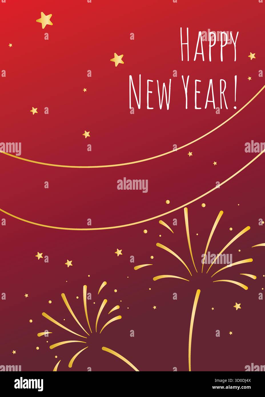 Grußkarte mit goldenem Feuerwerk auf rotem Hintergrund. Alles Gute zum neuen Jahr. Glückwunschvorlage. Vektorgrafiken Stock Vektor
