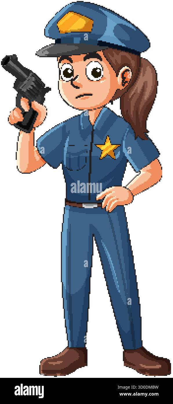 Cartoon-Polizistin in blauer Uniform mit Pistole, stehend mit ernstem Ausdruck, weißem Hintergrund Stock Vektor