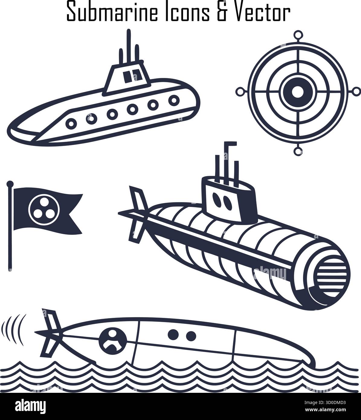 U-Boot-Icons Set – Unterwasserschiffe, Exploration und Marinetechnik Stock Vektor