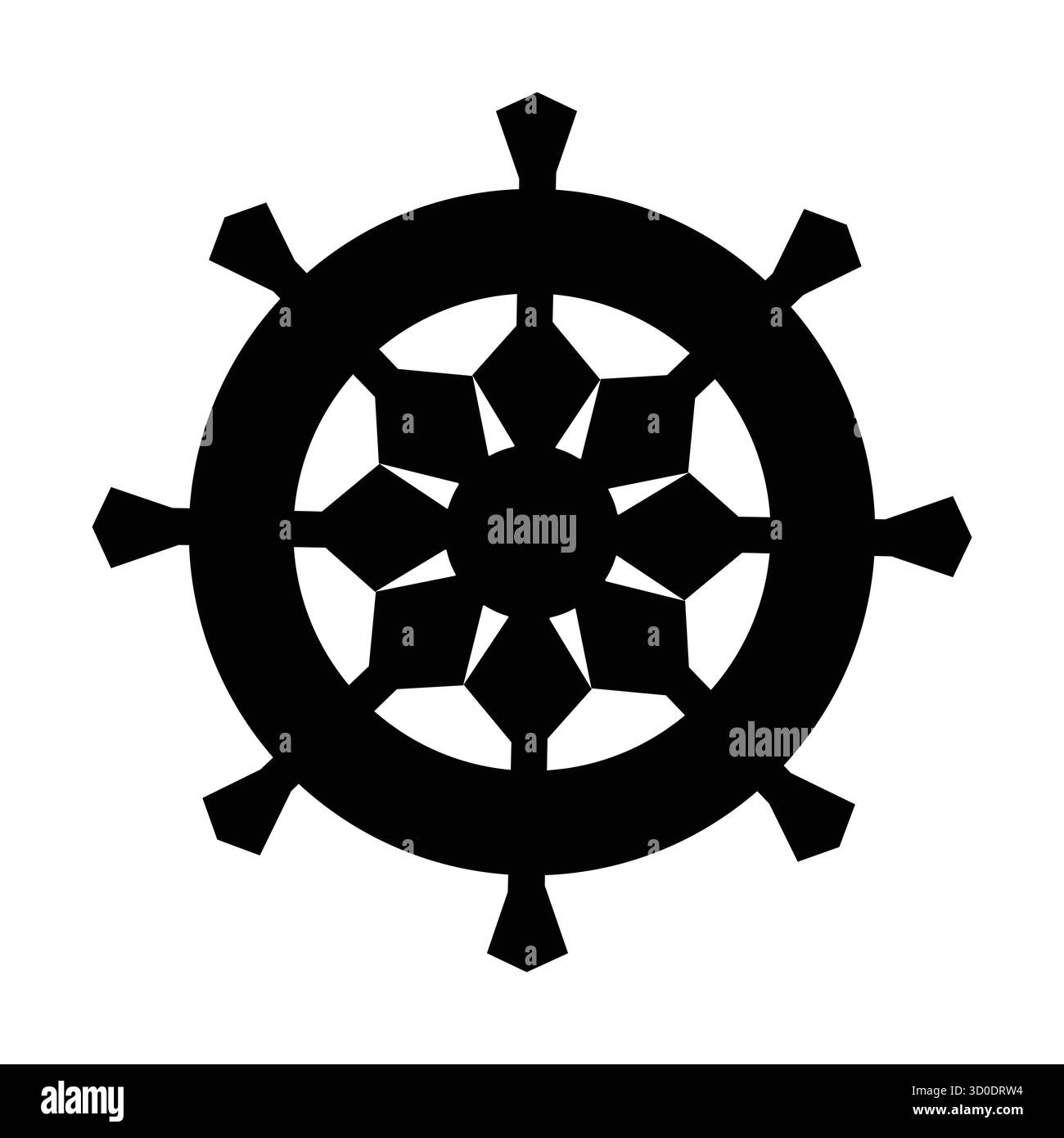 Stilisiertes schwarzes Dharma-Chakra-Symbol mit acht diamantförmigen Spoken und geometrischem Muster. Stock Vektor