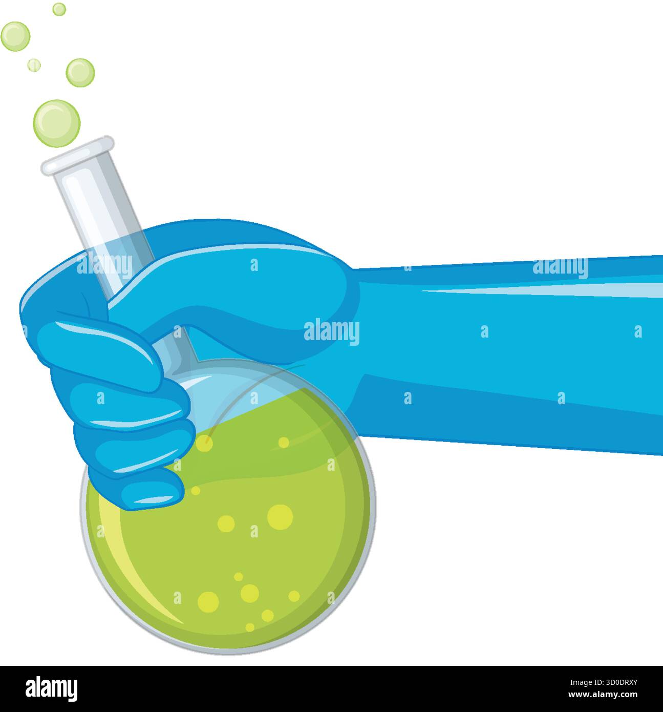 Blaue Handhandschuhe halten Rundkolben mit sprudelnder grüner Flüssigkeit, flacher Vektor-Zeichentrickstil. Stock Vektor