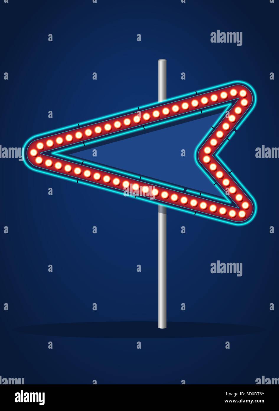 Retro-Pfeilschild mit leuchtenden Lichtern und Neonrand an einem Stab vor dunkelblauem Hintergrund. Illustration der Hinweisstafel im Vintage-Festzelt. Stock Vektor