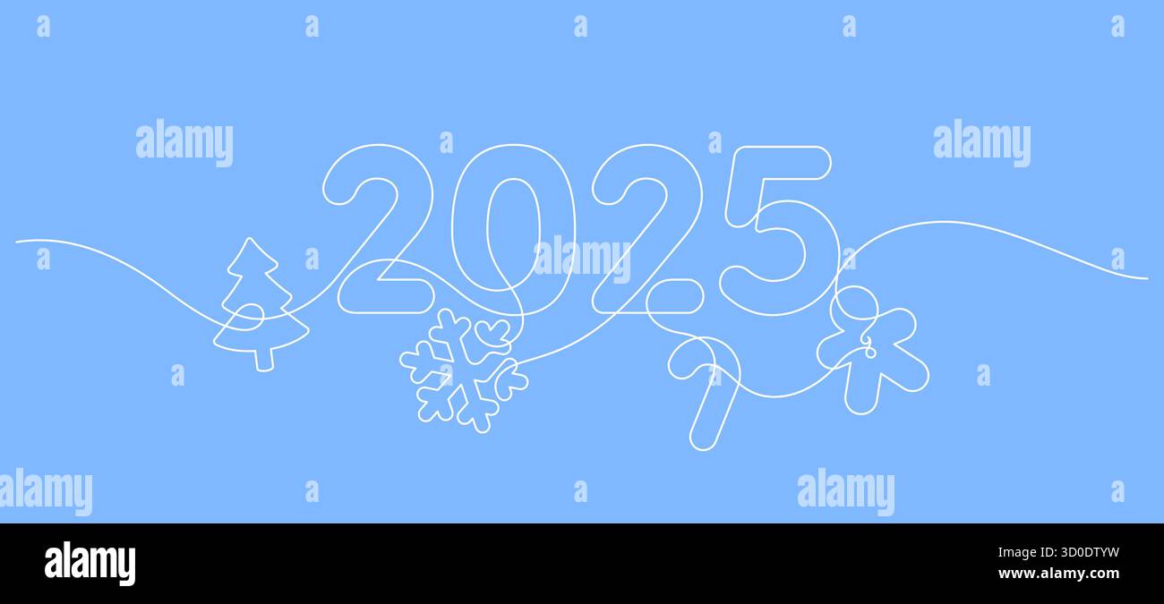 2025 weihnachtshintergrund einzeilige Zeichnung durchgehende Dekoration Grafik. Lebkuchenmann pinaceae Zuckerrohr und Schneeflocken Symbol Element Minima Stock Vektor