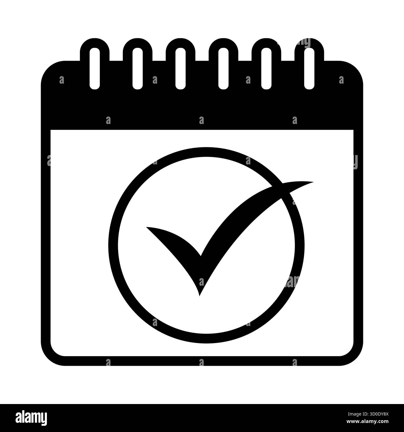 Kalendersymbol. Symbol Ereignis abgeschlossen. Vektor „Aufgabe erledigt“. Emblem mit Terminmarke. Stock Vektor
