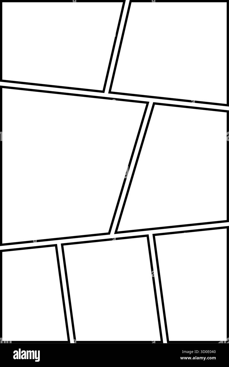 Comic-Panel. Leere Vorlage für Manga-Collage. Bereich für Storyboard-Layout. Leerer Zeilenrahmen für Fotocollage. Comic-Brett-Mockup. Vektor Stock Vektor