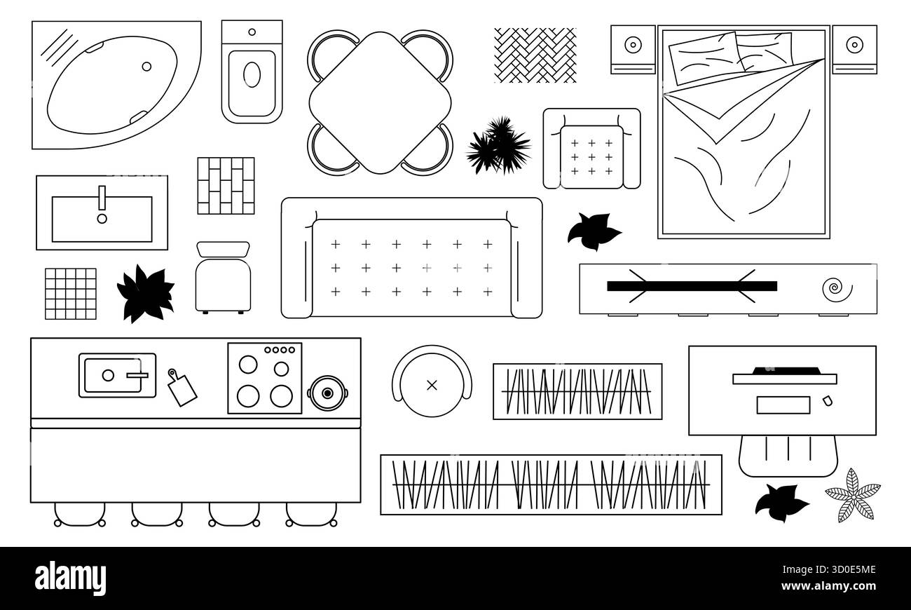 Dieses minimalistische Möbelset zeigt eine Vielzahl von Elementen der Inneneinrichtung, darunter Betten, Sofas und Tische, die optisch ansprechend angeordnet sind Stock Vektor