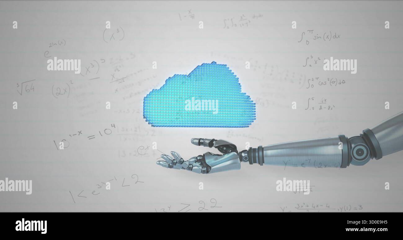 Der ausgestreckte Metallroboterarm reicht zum blauen Wolkensymbol und zeigt Gleichungen im digitalen Labor an Stockfoto