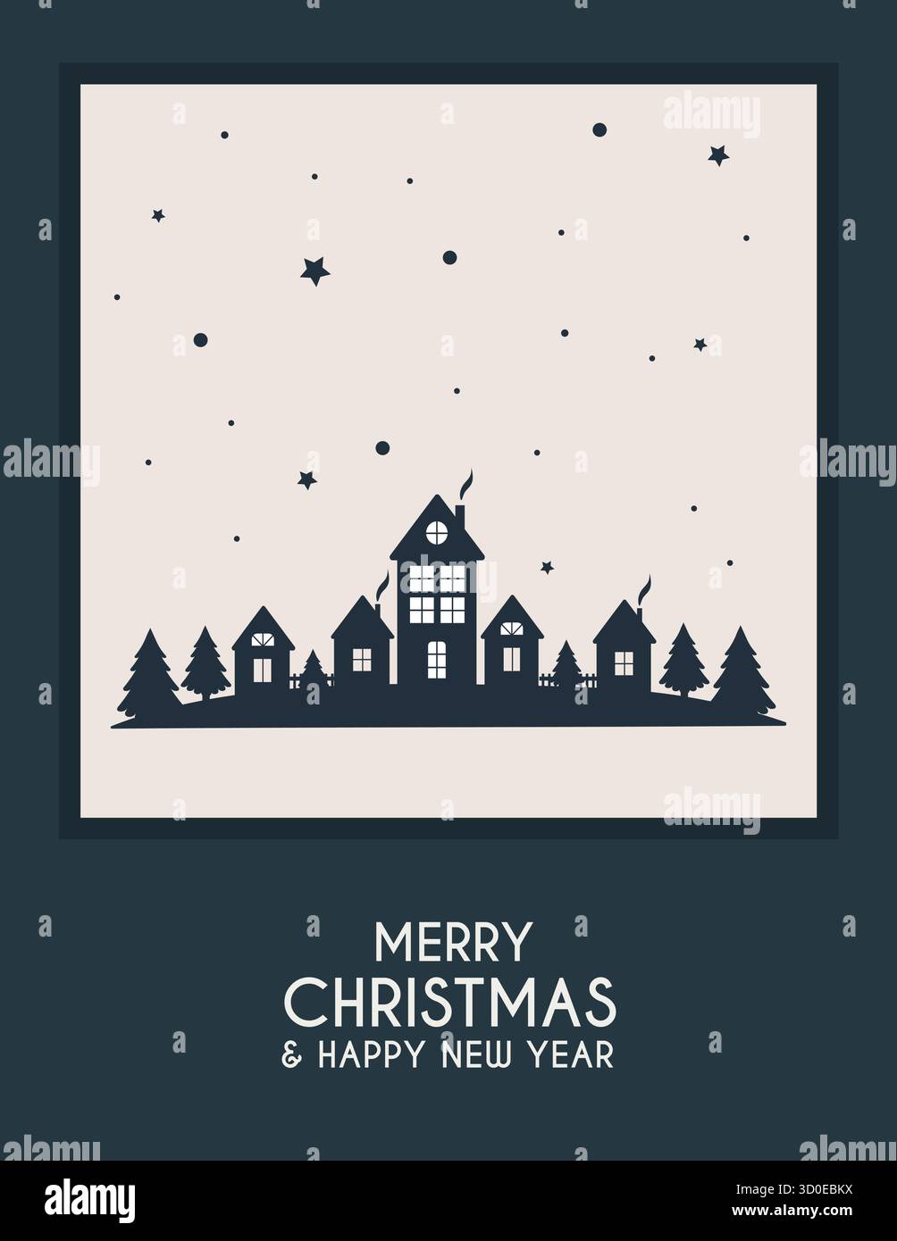 Eine vertikale Weihnachtskarte im Stil eines ausgeschnittenen Papiers. Silhouetten von schneebedeckten Häusern auf blauem Hintergrund. Frohe Weihnachten. Stock Vektor