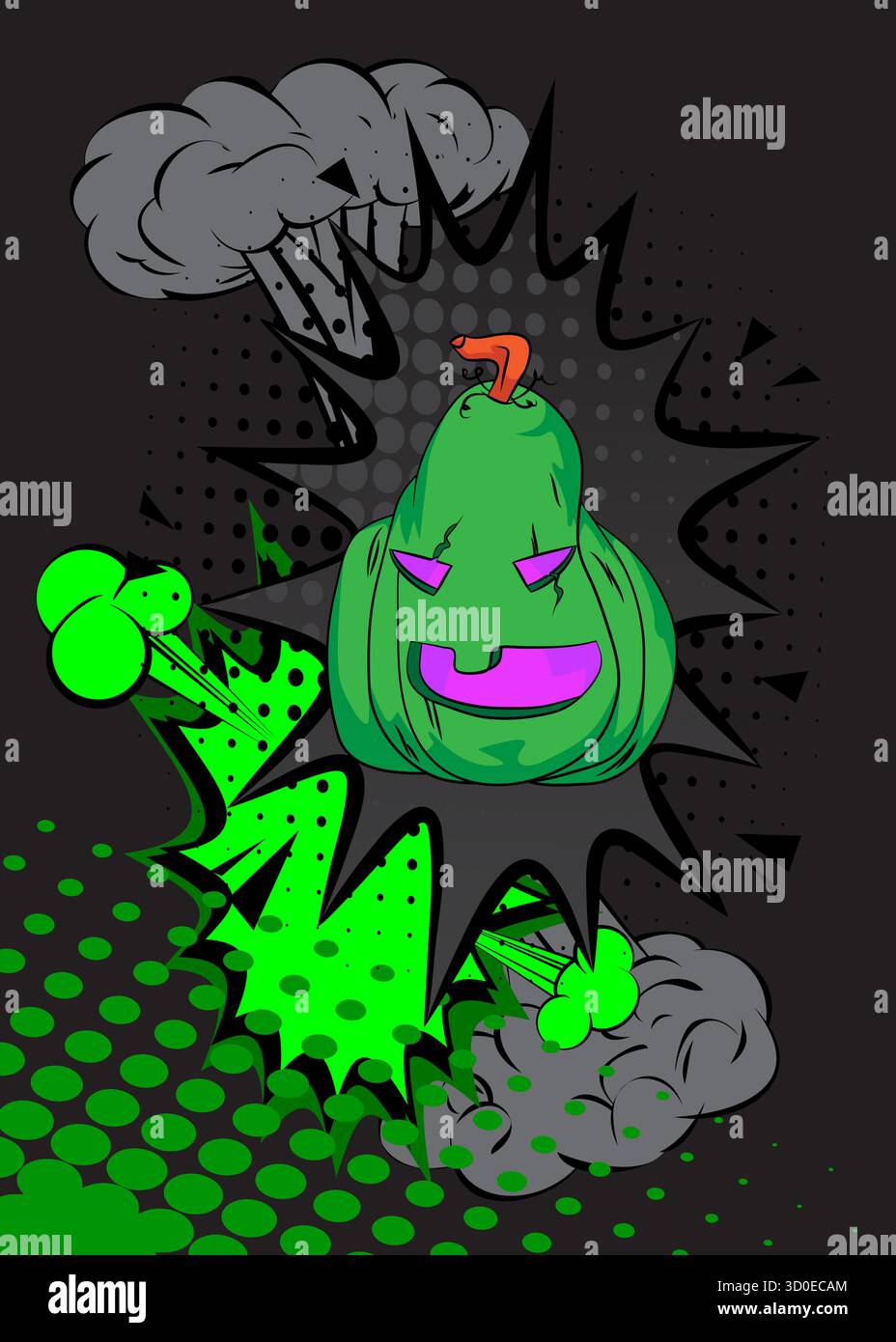 Cartoon Jack-O-Lantern, Halloween Kürbis, Comic-Urlaub. Retro-Vektor-Comics Pop-Art-Design. Stock Vektor