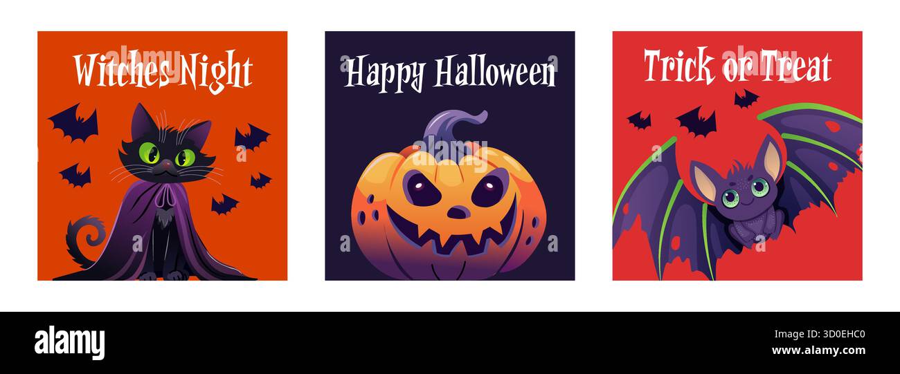 Ein Halloween-Kartenset mit Kürbissen, Fledermäusen und gruseligen Elementen, perfekt für Halloween-Feiern und Werbeaktionen. Stock Vektor