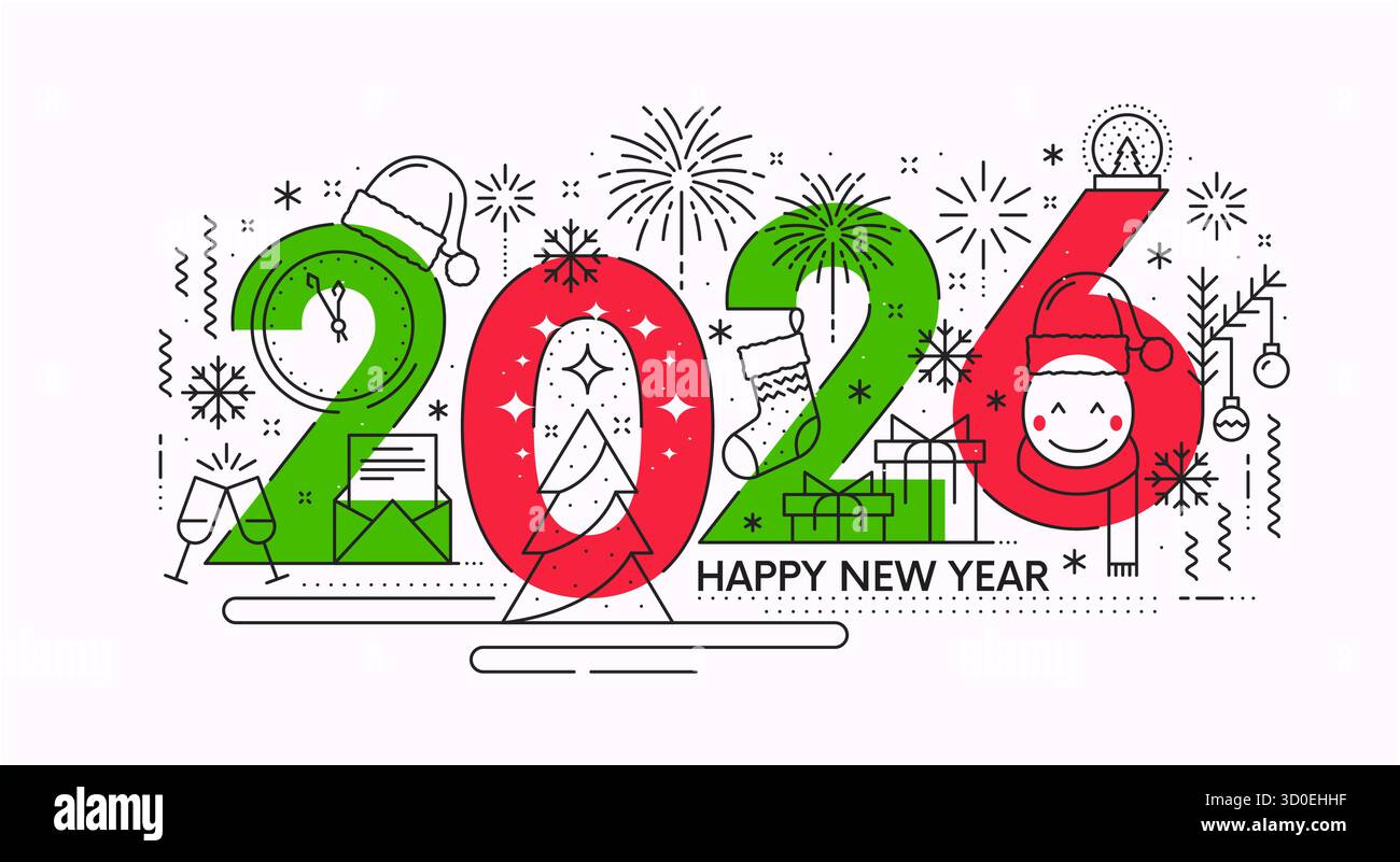 2026 Grußkarte für das neue Jahr, Line Art Banner Stock Vektor