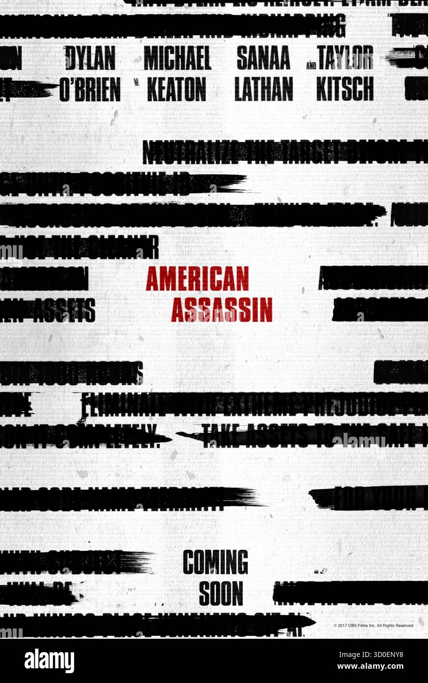 American Assassin (2017) unter der Regie von Michael Cuesta mit Dylan O’Brien, Michael Keaton und Taylor Kitsch. Ein junger CIA-Rekrut sucht Rache für eine persönliche Tragödie und wird in eine internationale Mission gedrängt, um Terroristen aufzuhalten. Foto eines Original-Posters aus dem Jahr 2017 (US Advance Poster), das NUR ZUR REDAKTIONELLEN VERWENDUNG VERWENDET WIRD. Quelle: BFA/Lionsgate Stockfoto