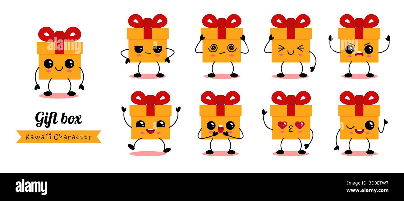 Eine Sammlung niedlicher Geschenkboxen-Posen und Gesichter für Feiertage und Geburtstage. Clean Vector Set für Aufkleber, Karten, Banner, Print on Demand und Social M Stock Vektor
