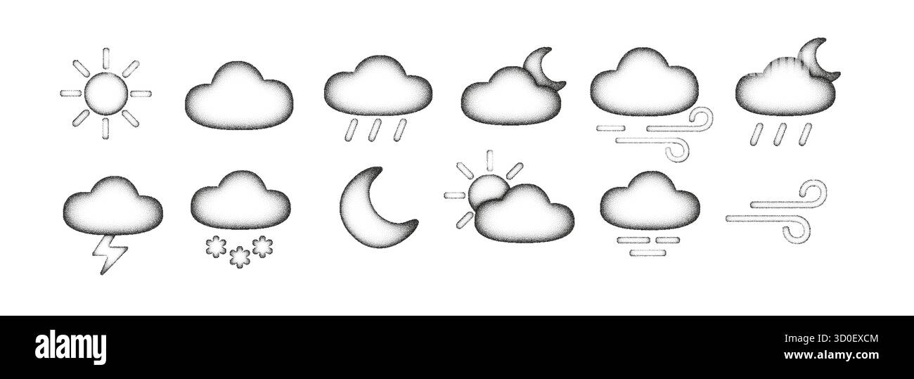 Wetterskizzieren Sie Symbole mit Sonne, Wolken, Regen, Schnee, Mond und Wind. Handgezeichnetes Wetter-Doodle-Set, niedliche Vektor-Illustration mit Bleistiftstruktur und Stock Vektor