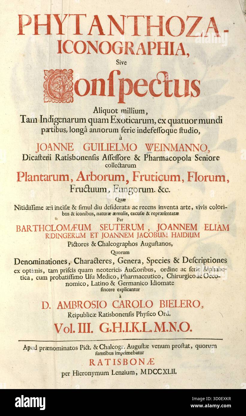 Titelseite des Buches Phytanthoza iconographia, Historisches Pflanzenbuch, ein Werk von Johann Wilhelm Weinmann, das 1734–1 in Raten veröffentlicht wurde Stockfoto