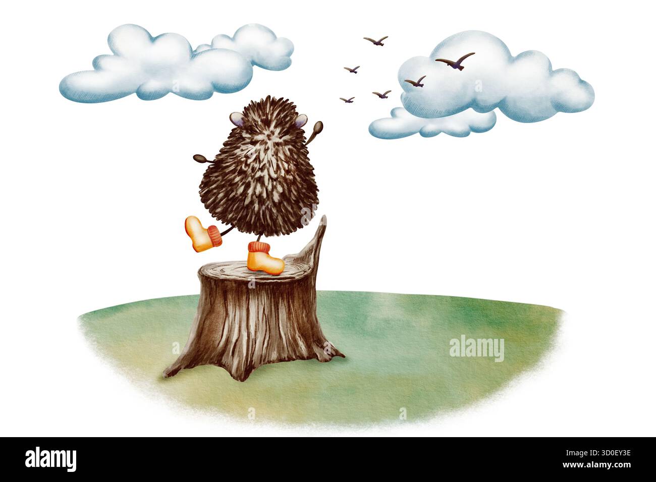 Igel in gelben Regenstiefeln, verabschiedet sich mit einer Pfotenwelle zu den Vögeln, die in den Wolken winterwärts fahren, steht auf einem Stumpf auf der Lichtung. Aquarell Stockfoto