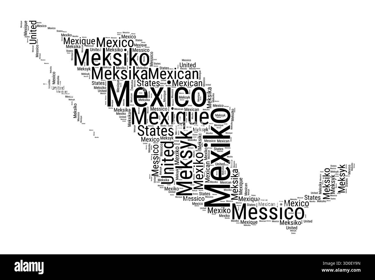 Schwarz-weiß-Wortwolke in Form von Mexiko. Einfache typografische Darstellung des Landes. Schwarze Textwolke in Mexiko auf weißem Hintergrund. Stock Vektor