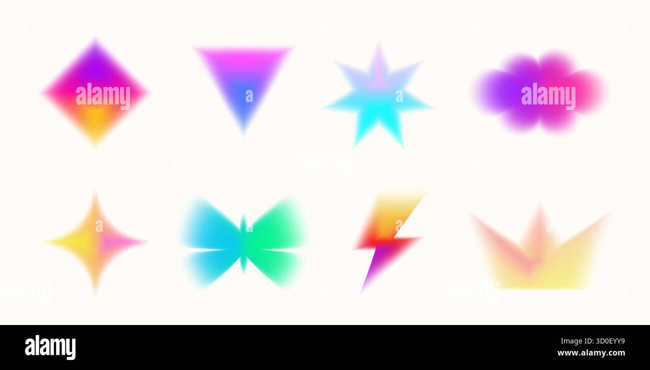 Im Retro Y2K inspirierte Blumen, Herzen und Sterne in Pastelltönen. Minimale geometrische Zusammensetzung mit sanfter Unschärfe und Körnung. Perfekt für trendige Ausgrabungen Stock Vektor