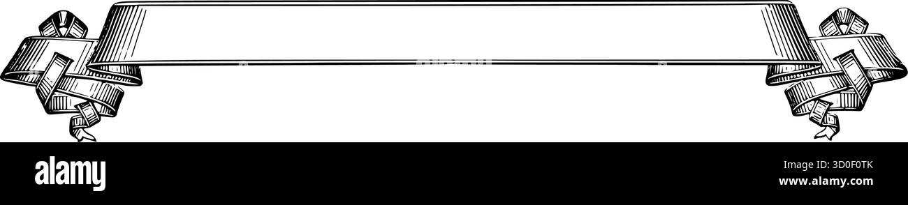 Gravierte Bandrolle mit gewellten Enden, oft als Titelüberschrift oder Zierrahmen in Zeitungen, Plakaten oder Buchillustrationen des 19. Jahrhunderts verwendet. Stock Vektor