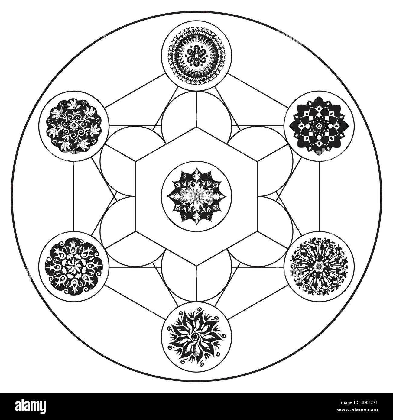 Metatron's Cube Illustration Schwarz-weiß Farben Heilige Geometrie Symbol Vektor Design Kreis Spiritualität Universum Mandala Stern Stock Vektor