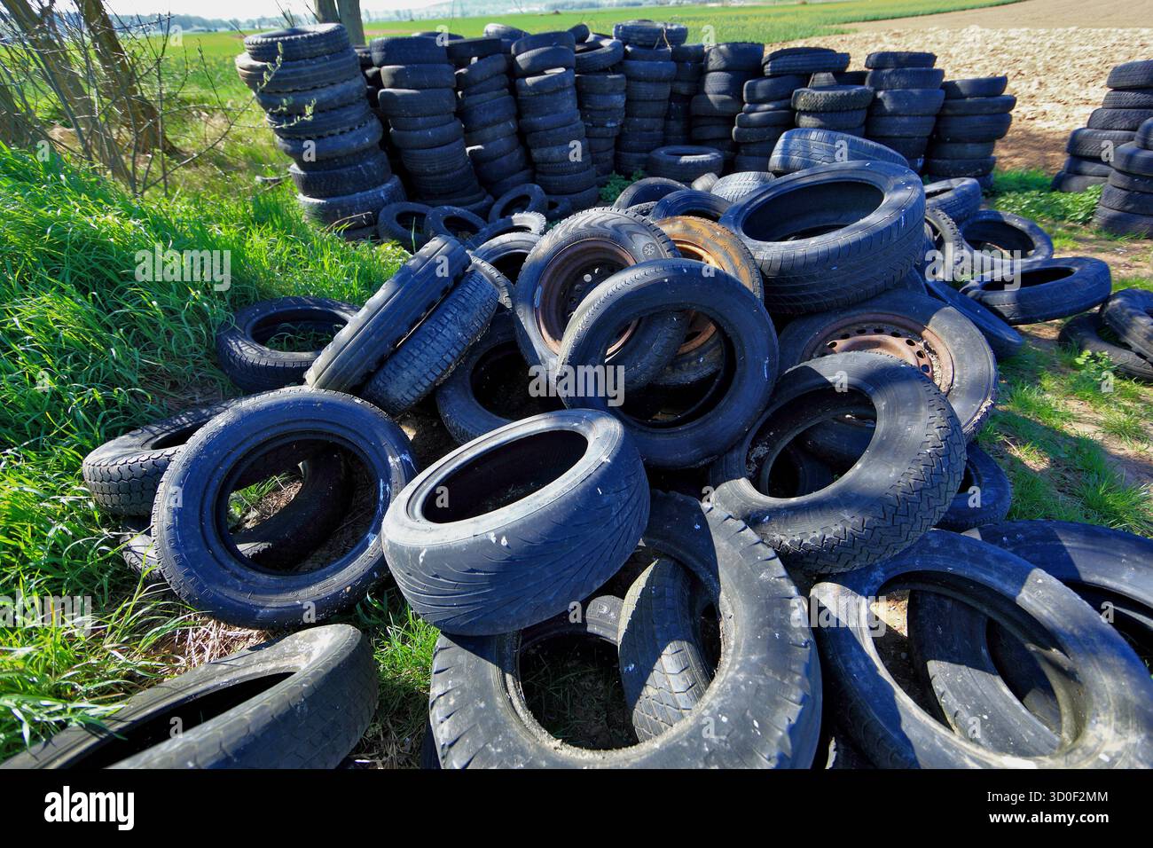Umweltverschmutzung, illegale Abfallentsorgung, alte Reifen auf dem Land, Autoreifen Stockfoto