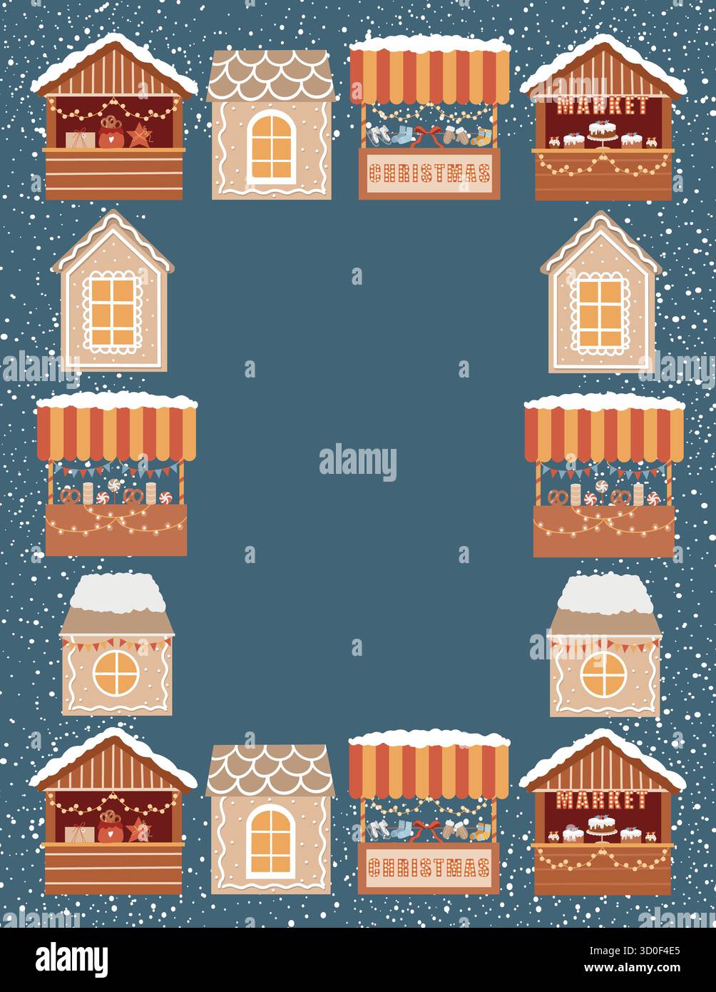 Vorlage für Neujahrskarten mit Platz für Text. Rechteckiger Weihnachtsrahmen. Vektor-flache Illustration von handgezeichneten Weihnachtsmarkt Ständen und Zelten, Gi Stock Vektor