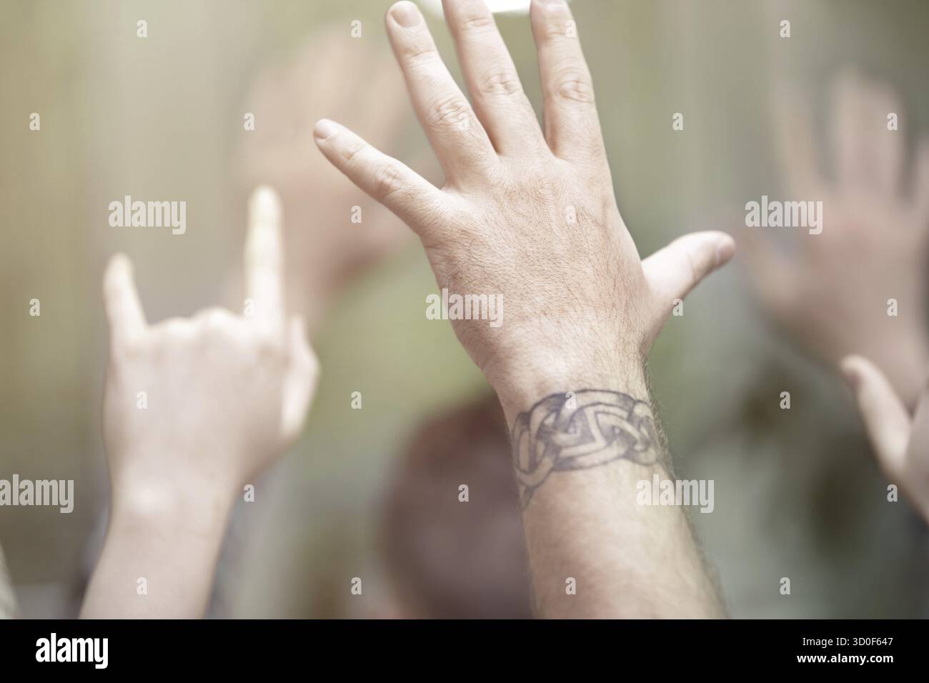 Gruppe von Menschen mit Handzeichen beim Musikfestival Stockfoto